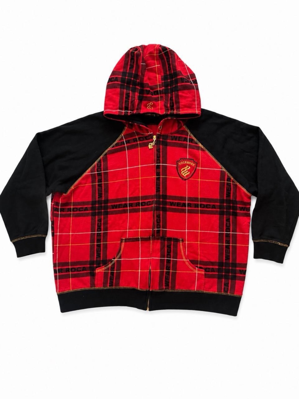 Rocawear Red Plaid Zip Up Hoodie with Black Raglan Sleeves